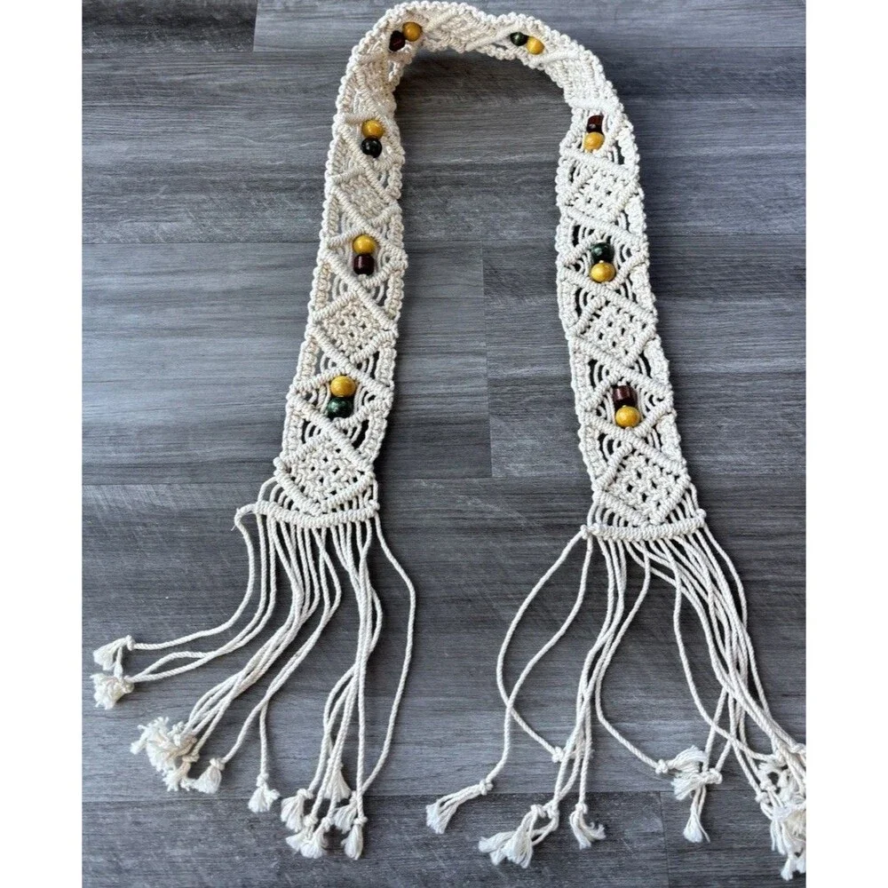 Crochet Belt Ivory Macrame Fringe Wooden Beads Size S